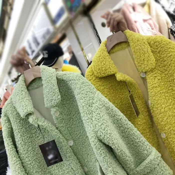 Faux Lambs Wool Women's Green Overcoat Yellow - Image 3