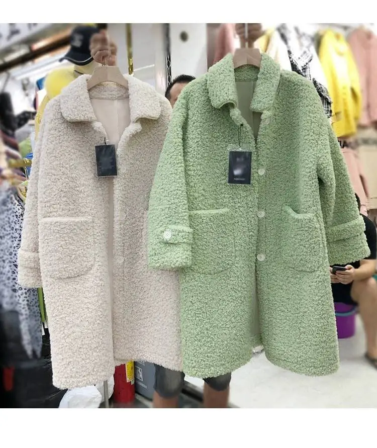 Faux Lambs Wool Women's Green Overcoat Yellow — feature 11