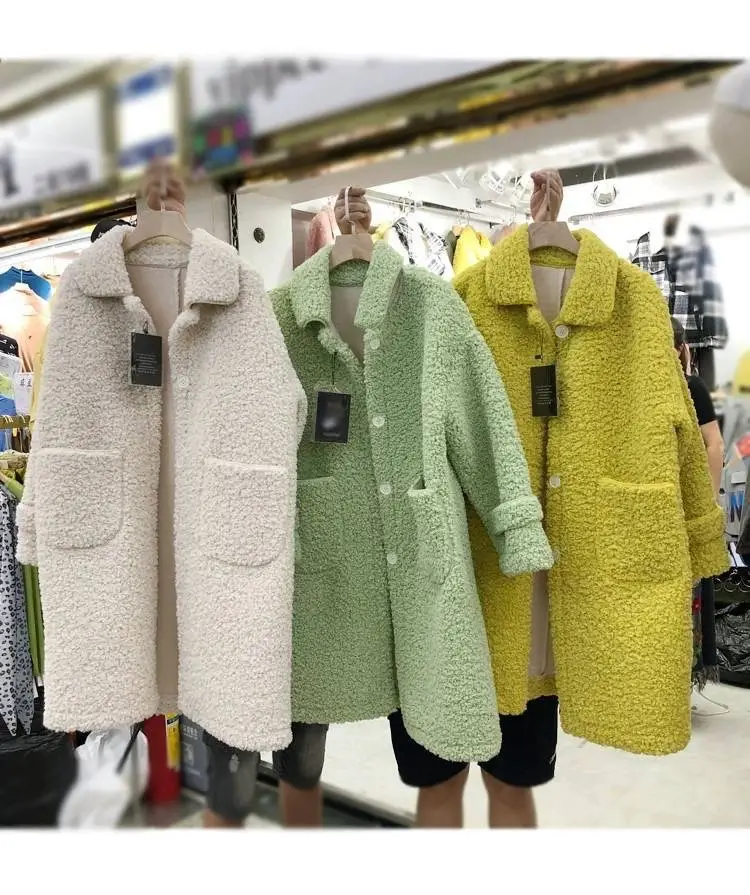 Faux Lambs Wool Women's Green Overcoat Yellow — feature 12