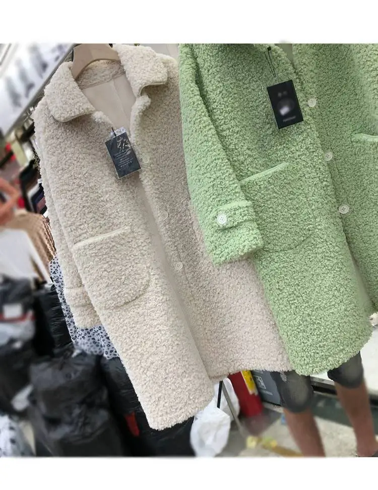 Faux Lambs Wool Women's Green Overcoat Yellow — feature 4