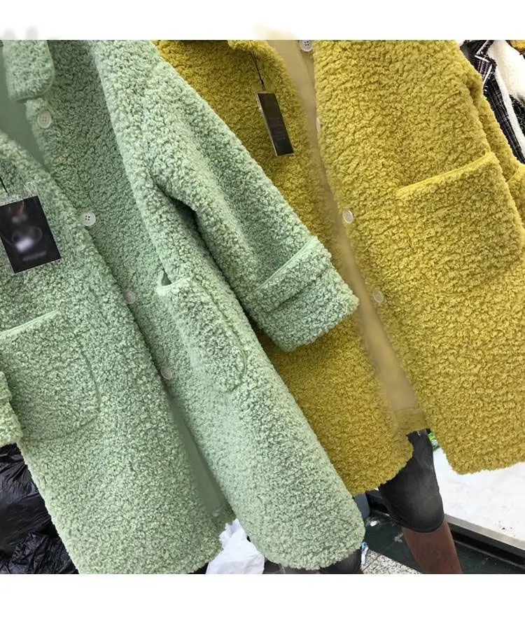 Faux Lambs Wool Women's Green Overcoat Yellow — feature 5