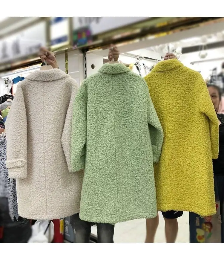 Faux Lambs Wool Women's Green Overcoat Yellow — feature 6
