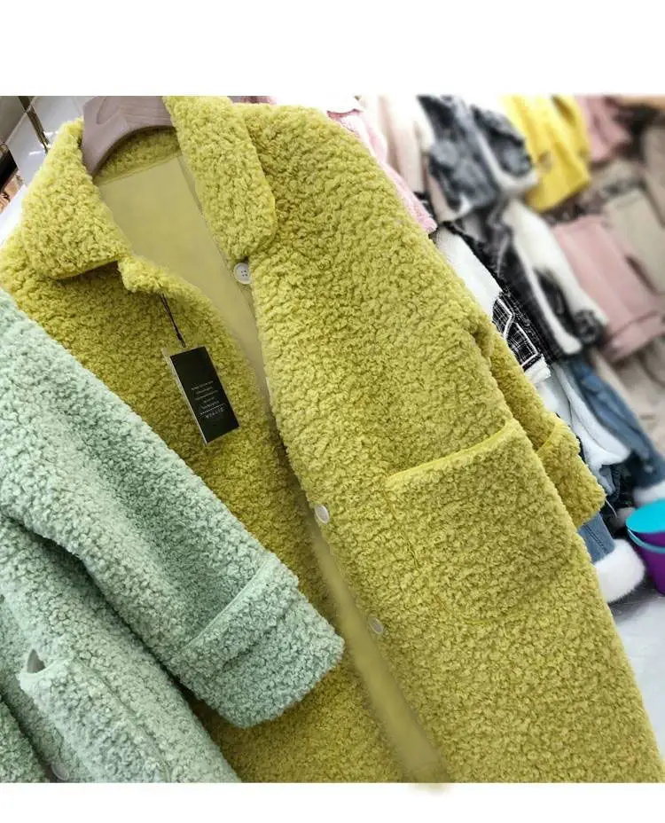 Faux Lambs Wool Women's Green Overcoat Yellow — feature 7