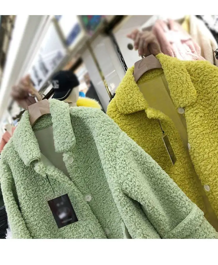 Faux Lambs Wool Women's Green Overcoat Yellow — feature 8