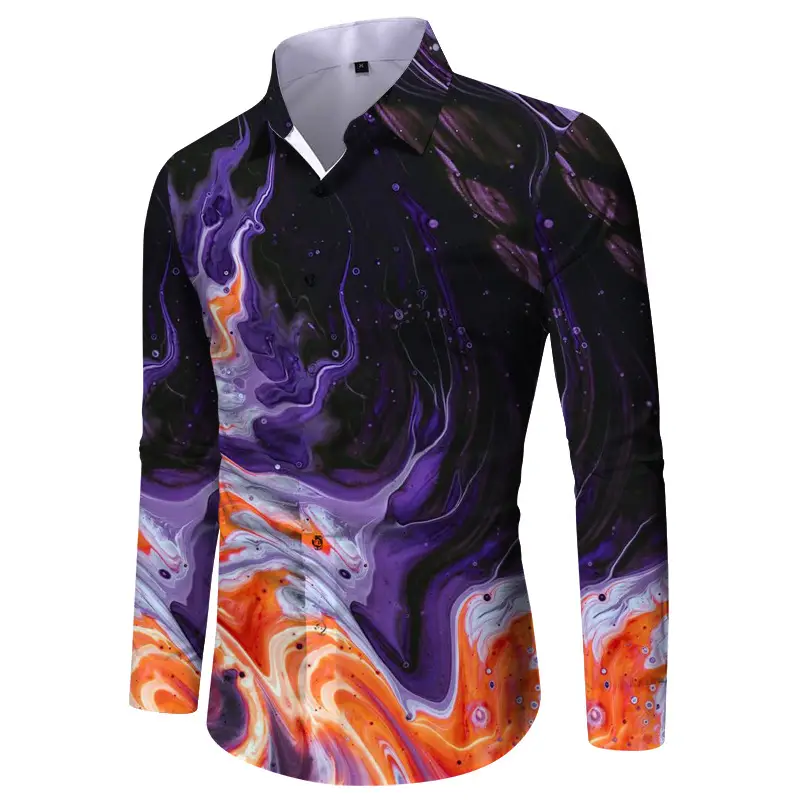 Men Digital Print Long Sleeve Shirt Blue Orange — feature 7