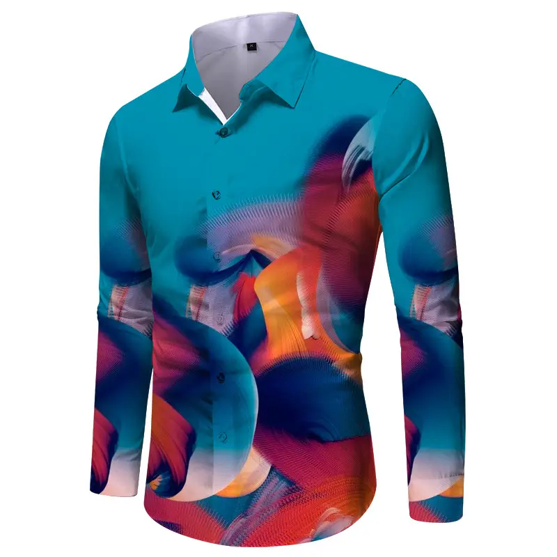 Men Digital Print Long Sleeve Shirt Blue Orange