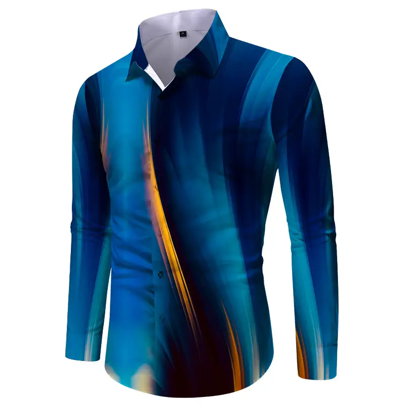 Men Digital Print Long Sleeve Shirt Blue Orange — feature 4