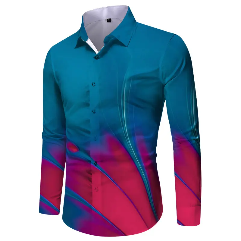 Men Digital Print Long Sleeve Shirt Blue Orange