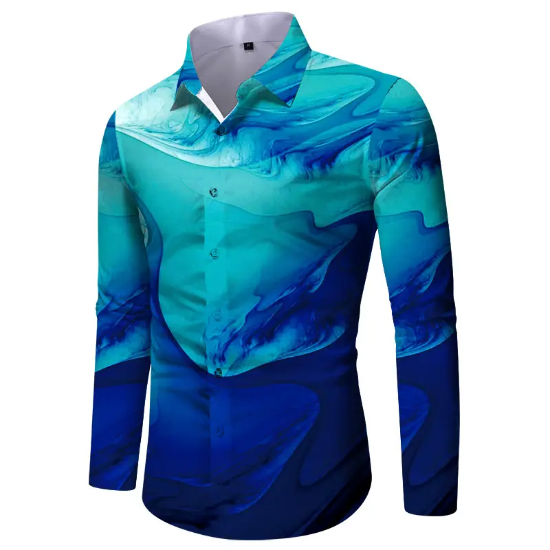 Men Digital Print Long Sleeve Shirt Blue Orange — feature 8