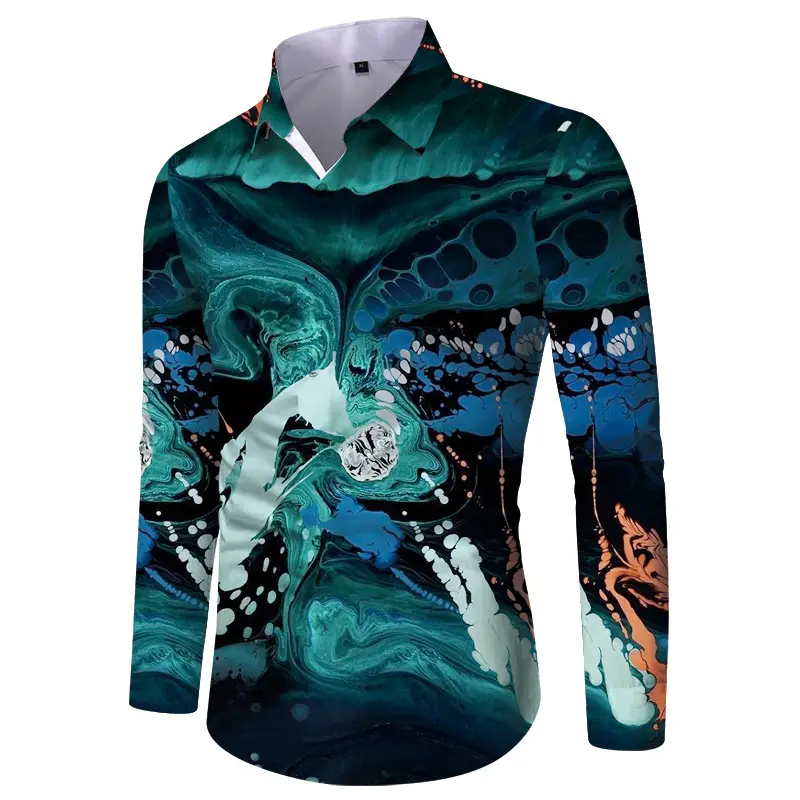 Men Digital Print Long Sleeve Shirt Blue Orange