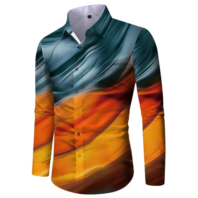 Men Digital Print Long Sleeve Shirt Blue Orange — feature 10