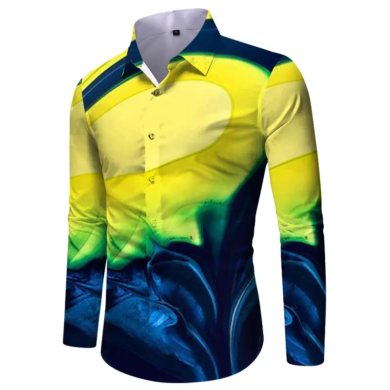 Men Digital Print Long Sleeve Shirt Blue Orange — feature 11