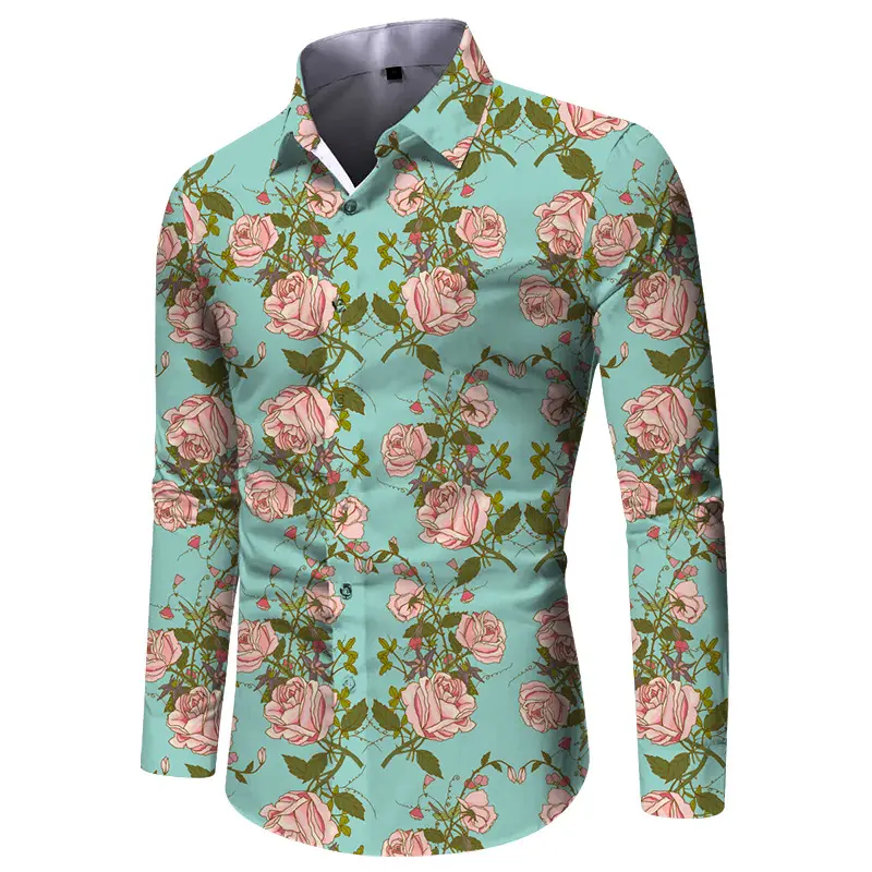 Men Digital Print Long Sleeve Shirt Blue Orange