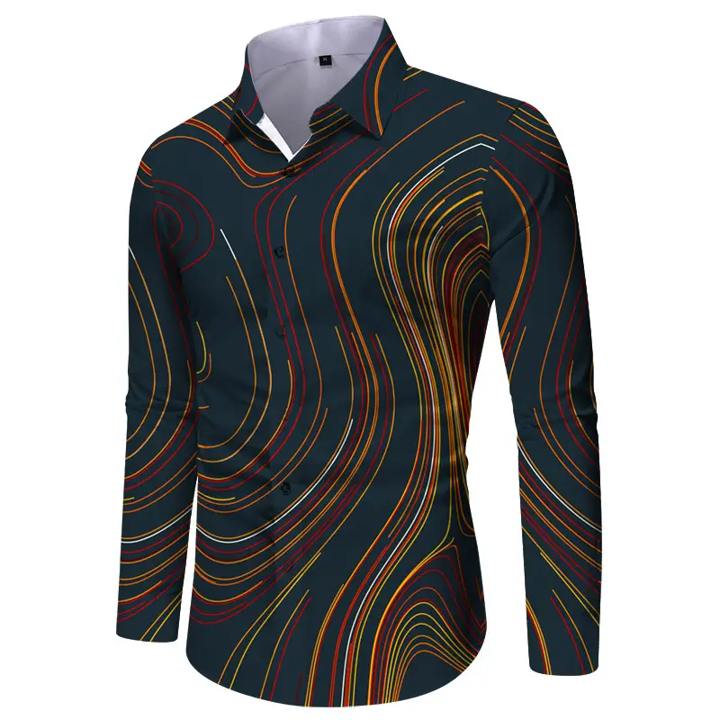 Men Digital Print Long Sleeve Shirt Blue Orange — feature 12