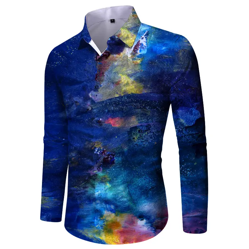Men Digital Print Long Sleeve Shirt Blue Orange