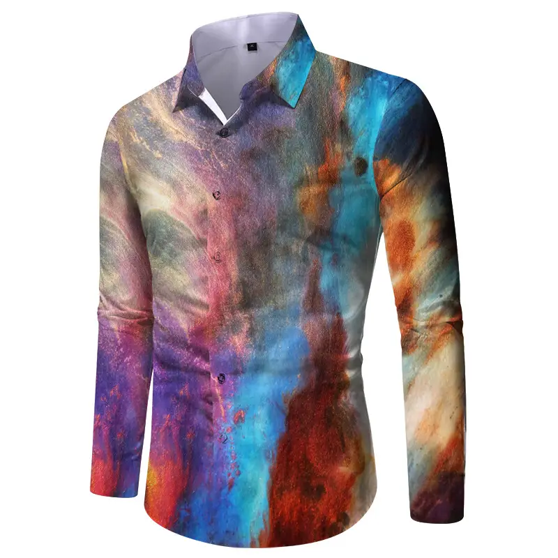 Men Digital Print Long Sleeve Shirt Blue Orange