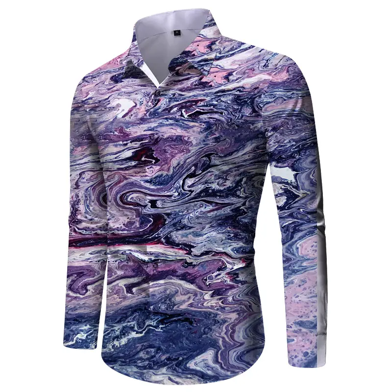 Men Digital Print Long Sleeve Shirt Blue Orange