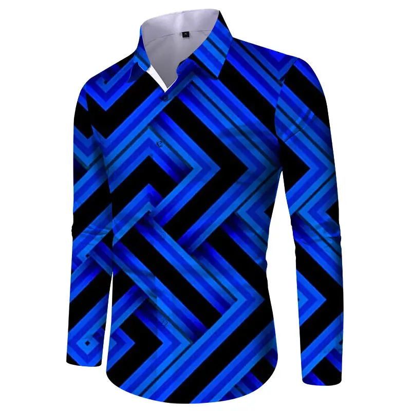 Men Digital Print Long Sleeve Shirt Blue Orange
