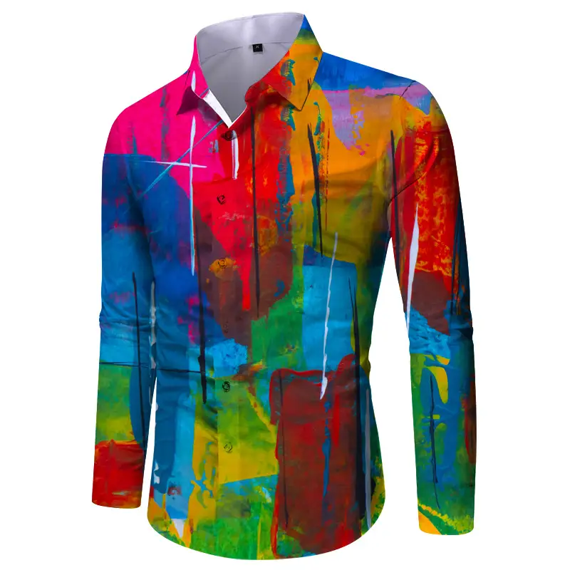Men Digital Print Long Sleeve Shirt Blue Orange