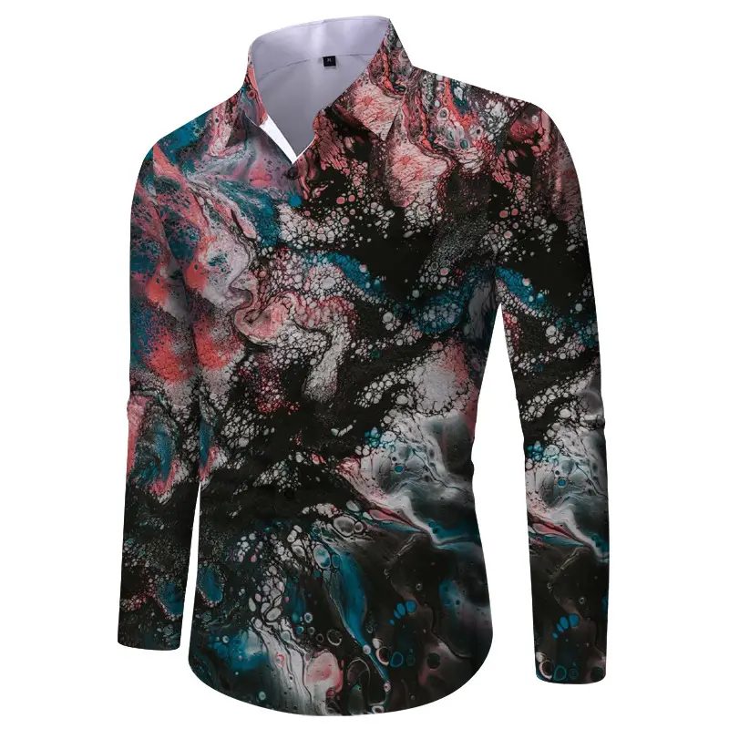 Men Digital Print Long Sleeve Shirt Blue Orange