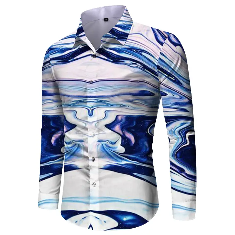 Men Digital Print Long Sleeve Shirt Blue Orange
