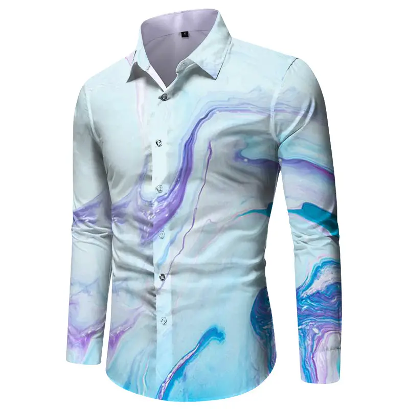 Men Digital Print Long Sleeve Shirt Blue Orange