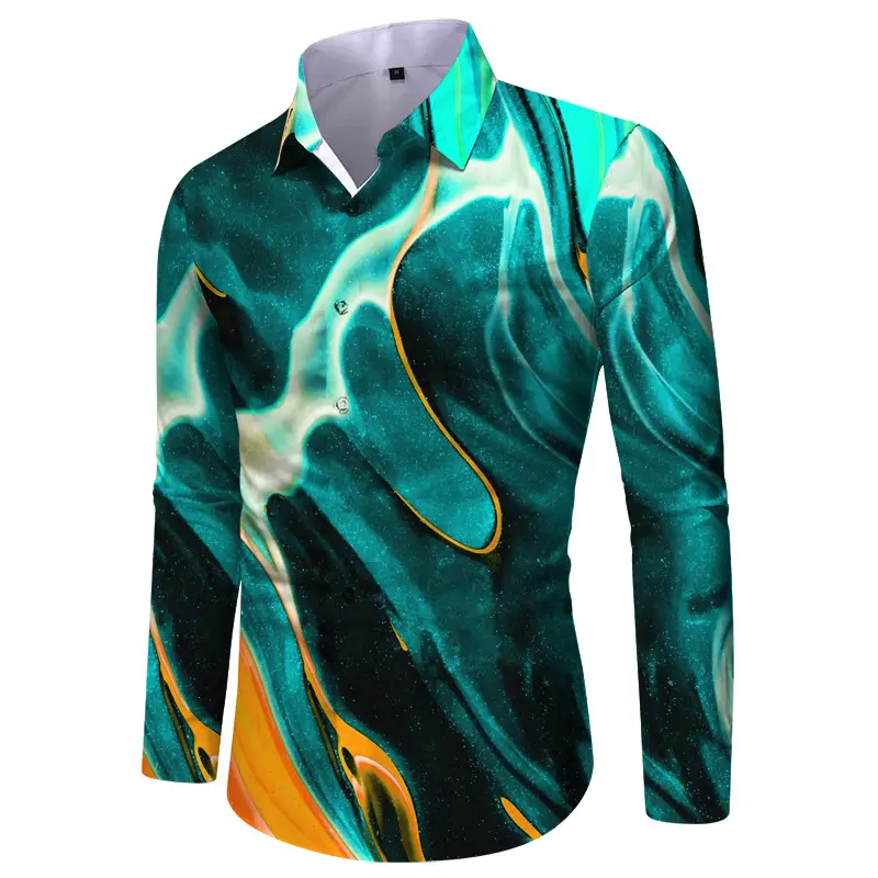 Men Digital Print Long Sleeve Shirt Blue Orange