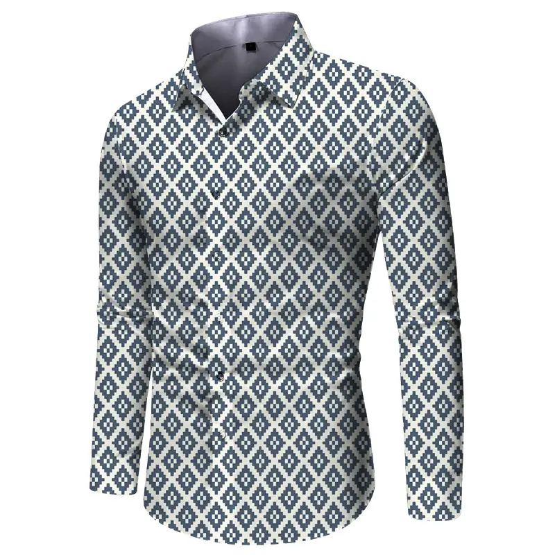 Men Digital Print Long Sleeve Shirt Blue Orange