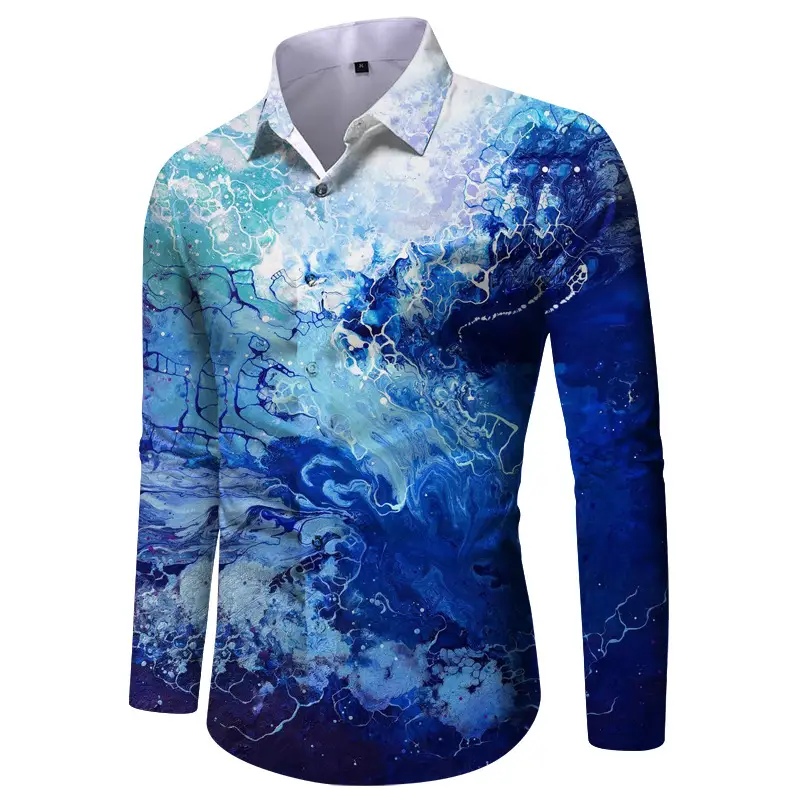 Men Digital Print Long Sleeve Shirt Blue Orange