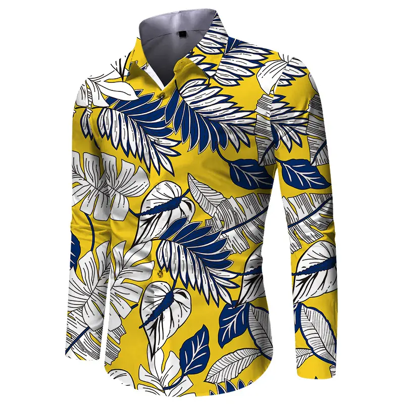 Men Digital Print Long Sleeve Shirt Blue Orange