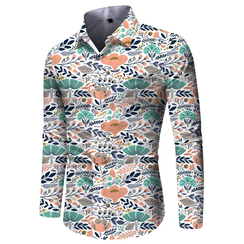 Men Digital Print Long Sleeve Shirt Blue Orange