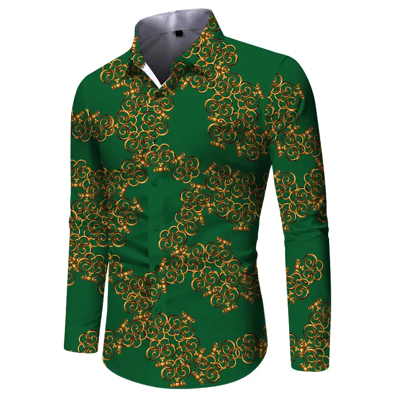 Men Digital Print Long Sleeve Shirt Blue Orange