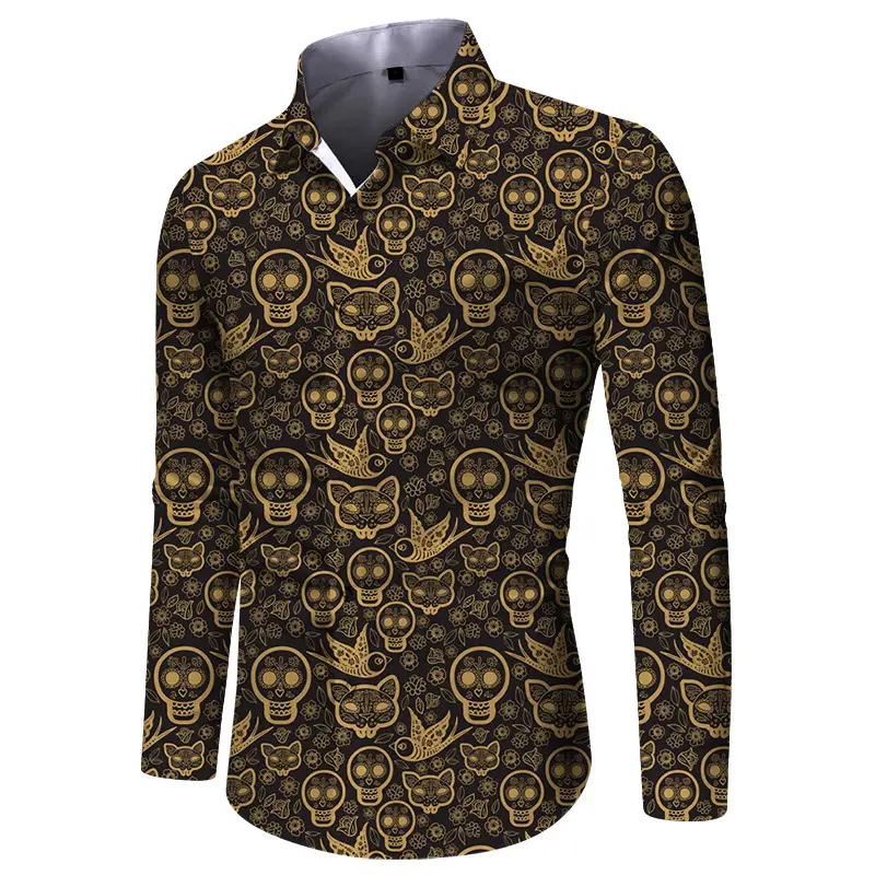 Men Digital Print Long Sleeve Shirt Blue Orange