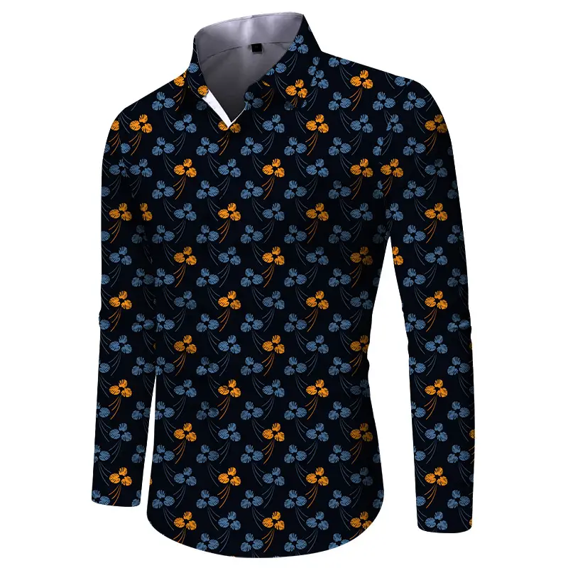 Men Digital Print Long Sleeve Shirt Blue Orange