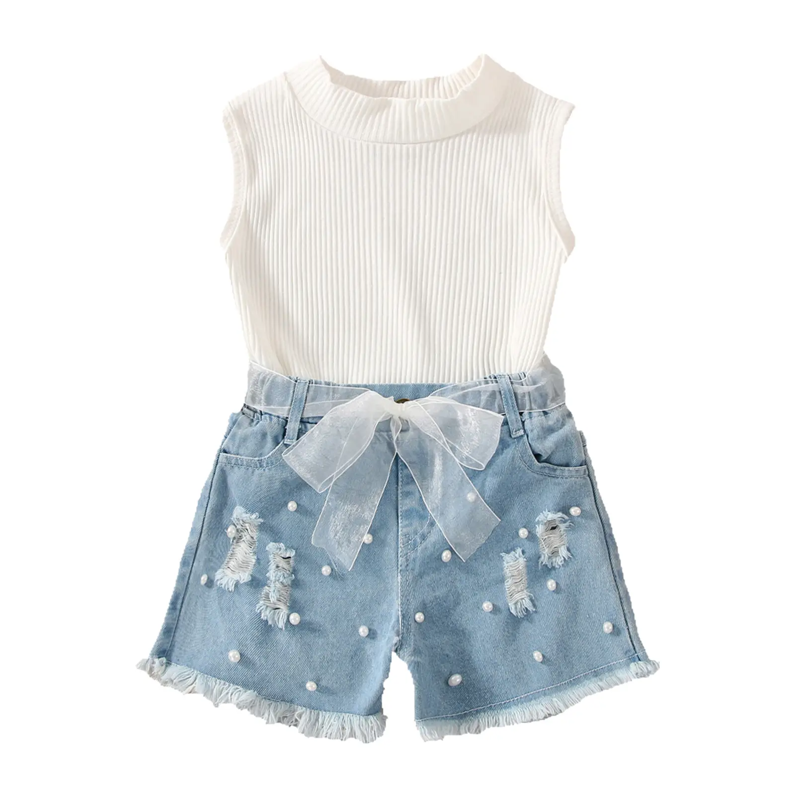 Girls White Cotton Top Denim Shorts Set with Bow - Image 6