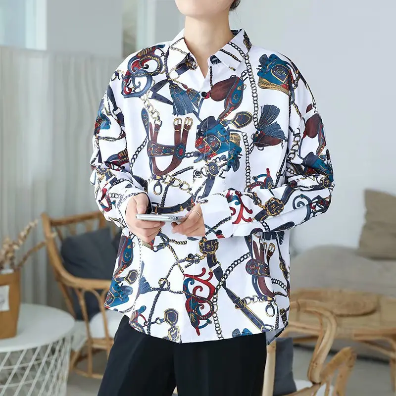 Hong Kong Style Men Long Sleeve Printed Shirt Black - Image 2