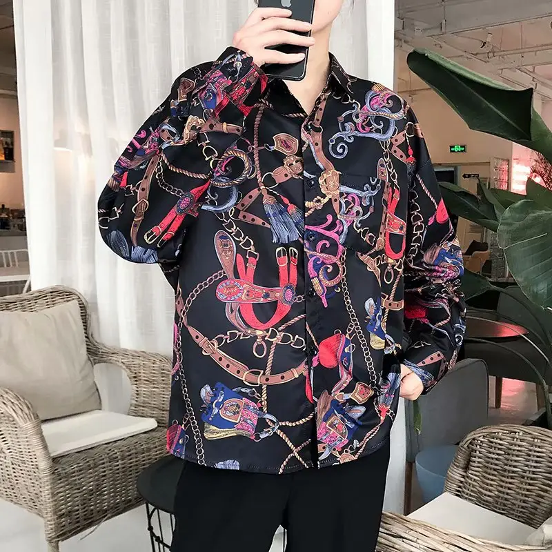 Hong Kong Style Men Long Sleeve Printed Shirt Black - Image 4