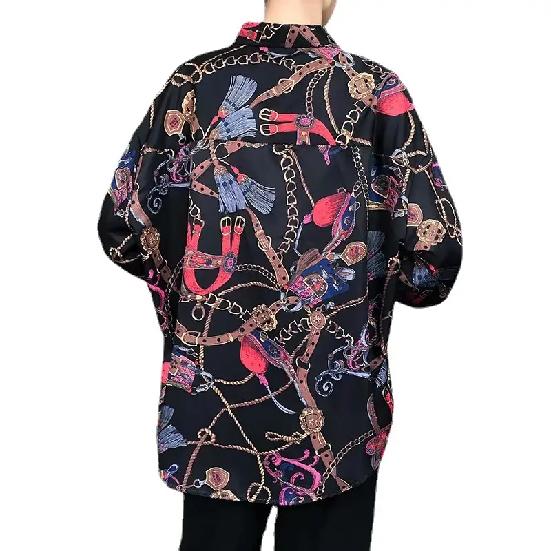 Hong Kong Style Men Long Sleeve Printed Shirt Black - Image 5