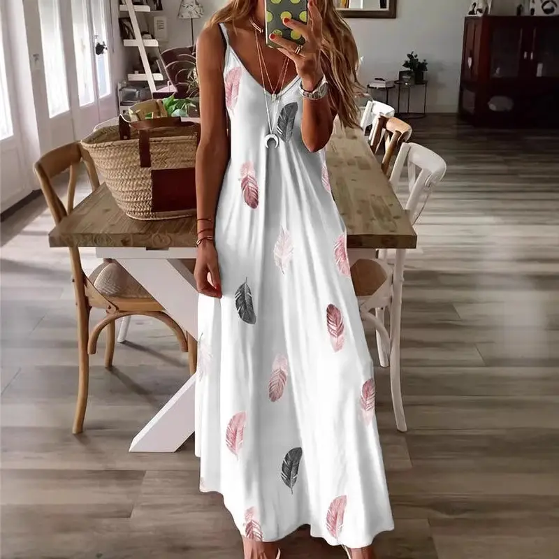 2023 Sleeveless Feather Print Low Cut Skirt Set - Image 4