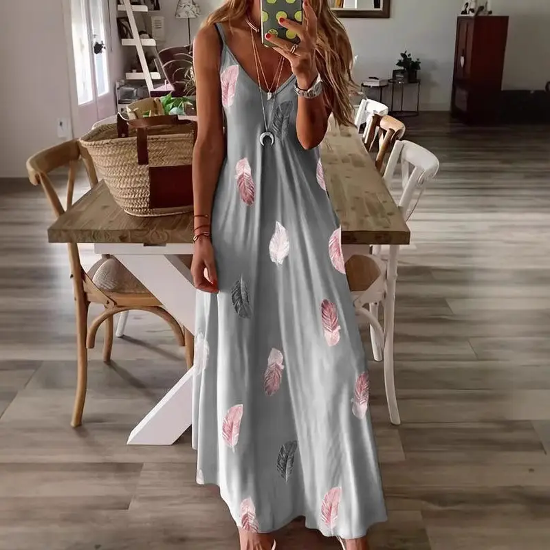 2023 Sleeveless Feather Print Low Cut Skirt Set - Image 5