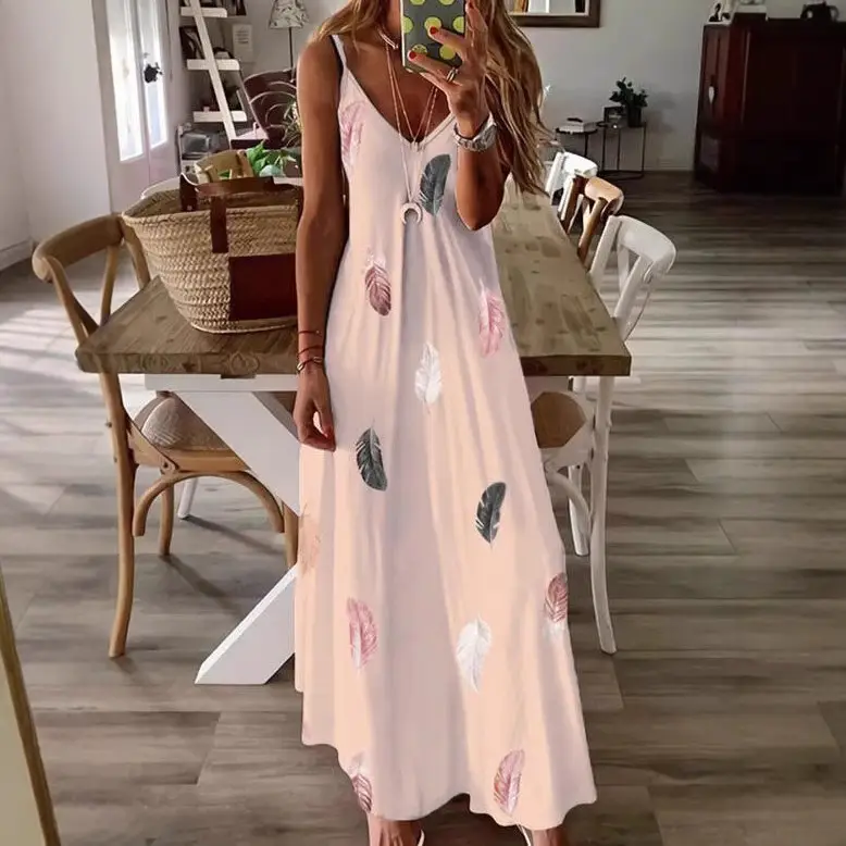 2023 Sleeveless Feather Print Low Cut Skirt Set - Image 6