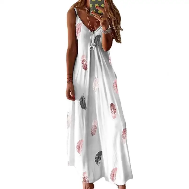2023 Sleeveless Feather Print Low Cut Skirt Set - Image 7