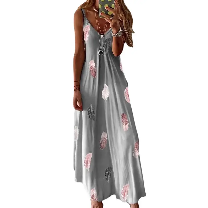 2023 Sleeveless Feather Print Low Cut Skirt Set - Image 8