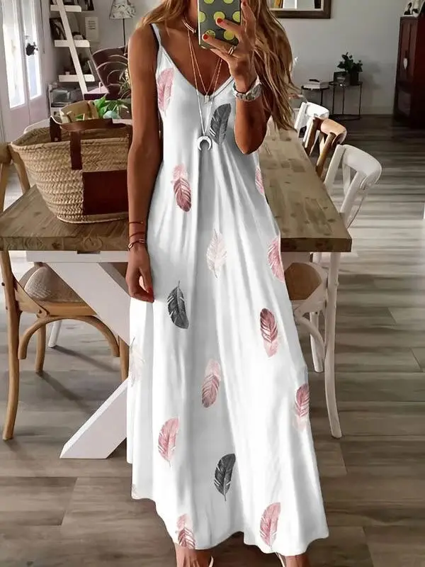 2023 Sleeveless Feather Print Low Cut Skirt Set — feature 4
