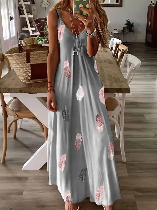 2023 Sleeveless Feather Print Low Cut Skirt Set — feature 5