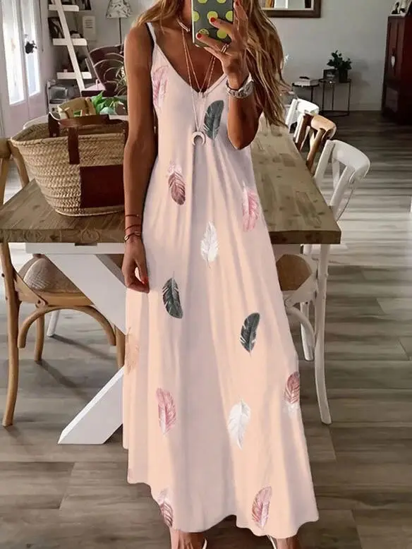 2023 Sleeveless Feather Print Low Cut Skirt Set - Image 2