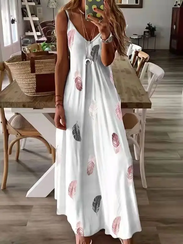 2023 Sleeveless Feather Print Low Cut Skirt Set - Image 3
