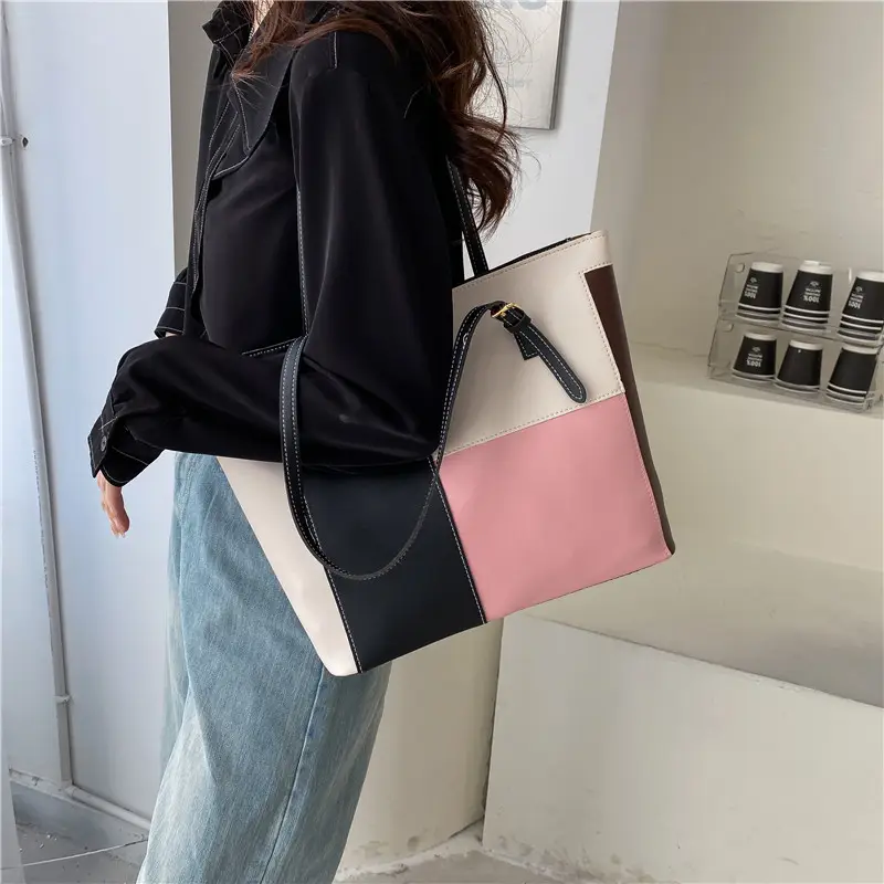 Cross-Border Korean Style Contrasting Color Large Tote Bag for Women