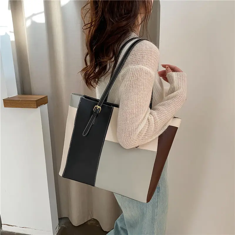 Cross-Border Korean Style Contrasting Color Large Tote Bag for Women