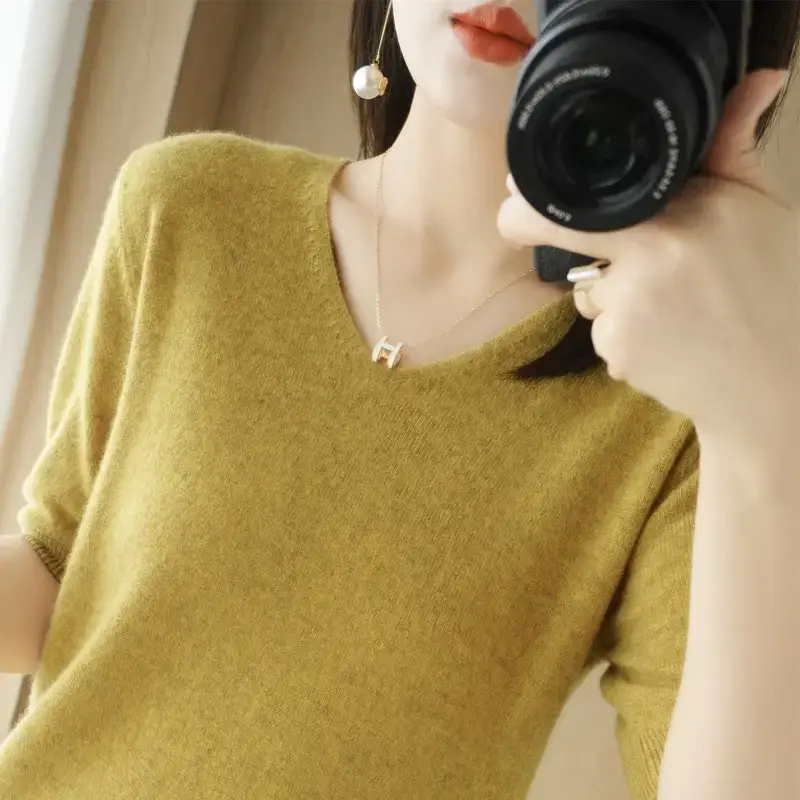 Blue V-Neck Knitted Women's Short Sleeve Pullover - Image 13